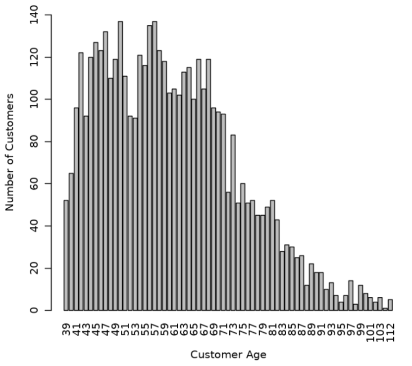 This image shows the bar plot of the distribution of customer ages.