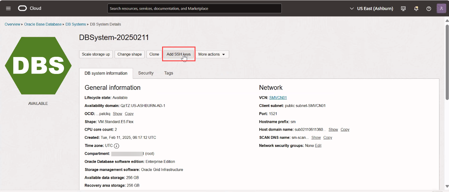 Add SSH Keys option on DB Systems Information page