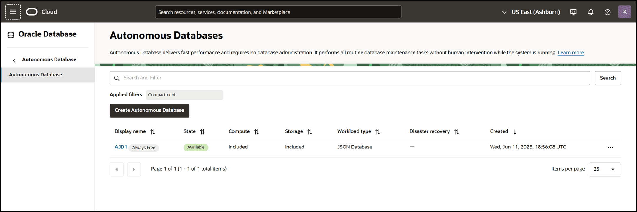 An example showing the link that includes the Display name of the Autonomous Database. Select this link to open that database's details.
