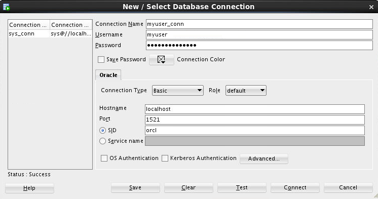 Status of myuser_conn