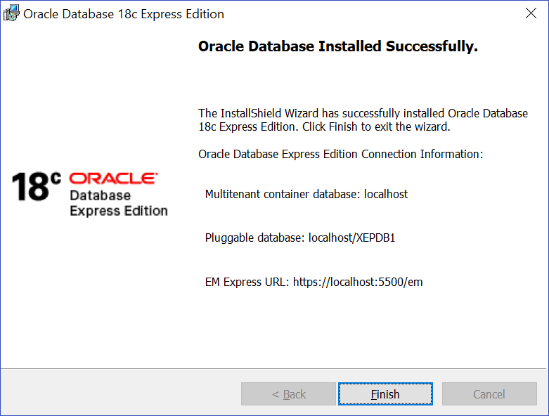 Click finish in the Oracle Database Installed Successfully window to complete the installation.