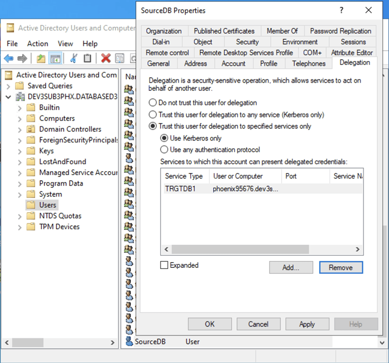 Shows the configuration required in Active Directory. Delegation should be set to Trust this user for delegation to specified services only followed by Use Kerberos only.