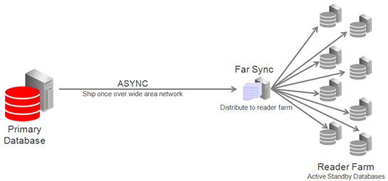 the primary database ships redo to a reader farm by way of a far sync instance as described in the paragraph above