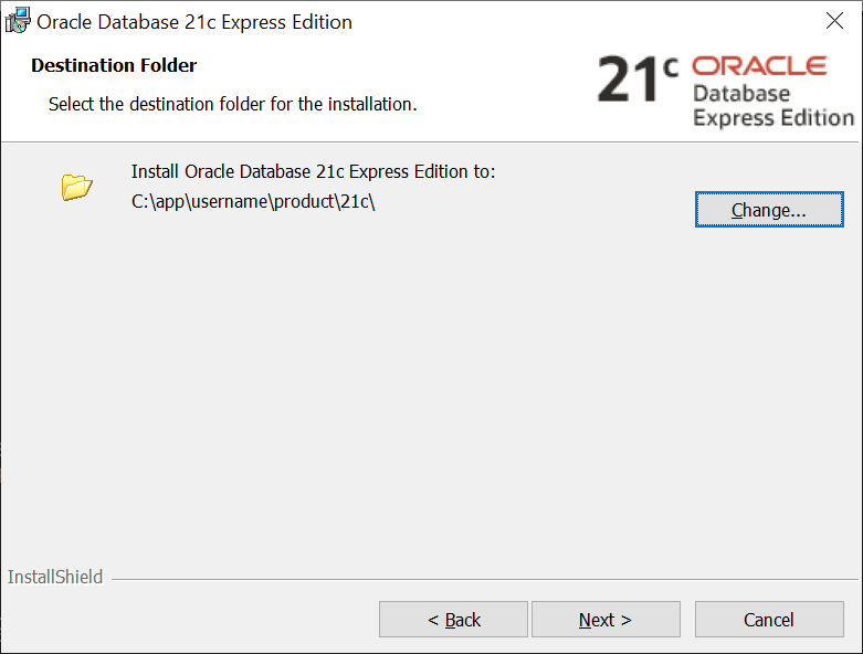 Click the change button to navigate and select a destination folder of your choice to install Oracle Database Express Edition.