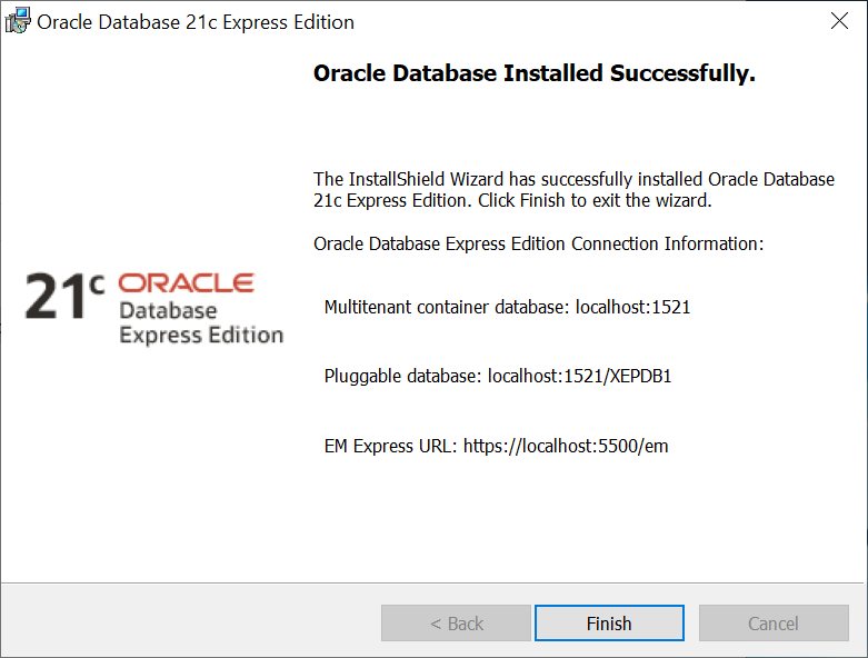 Installation of Oracle Database Express Edition is complete.
