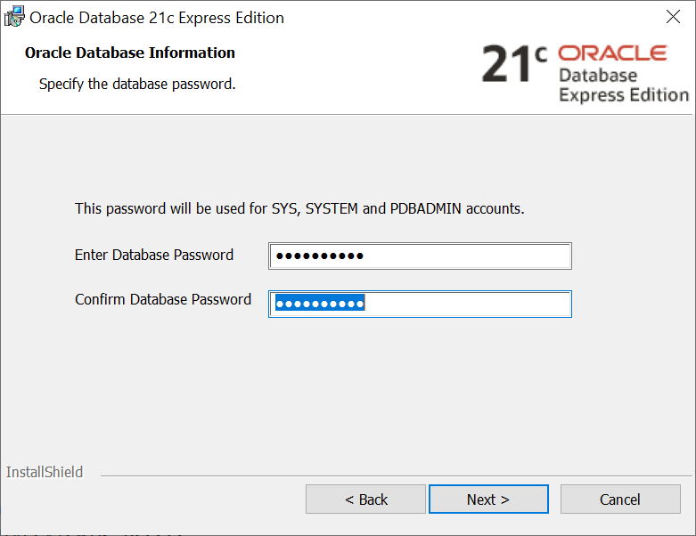 You can enter and confirm the single database password to use for the SYS, SYSTEM, and PDBADMIN database accounts in the Specify Database Passwords window.