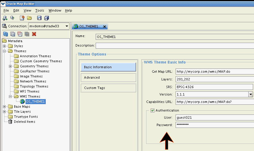 Using Map Builder to Specify Authentication with a WMS Theme