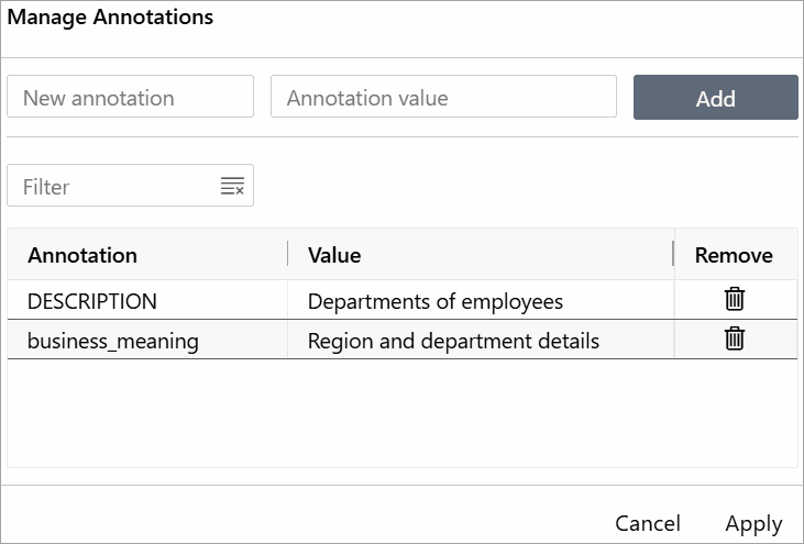 Manage table annotations