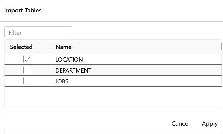 Import table dialog box Import table dialog box