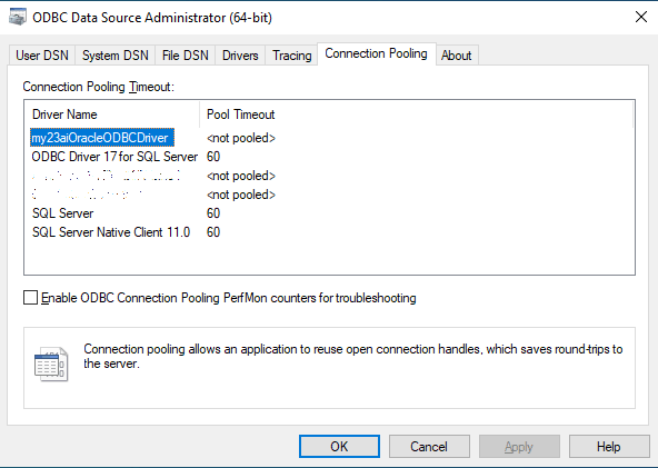 ODBC Data Source Administrator - Connection Pooling Tab