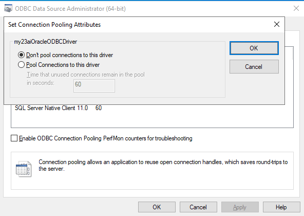 ODBC Data Source Administrator - Set Connection Pooling Attributes