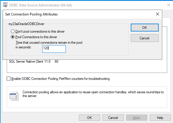 ODBC Data Source Administrator - Set Pool Connection and Timeout
