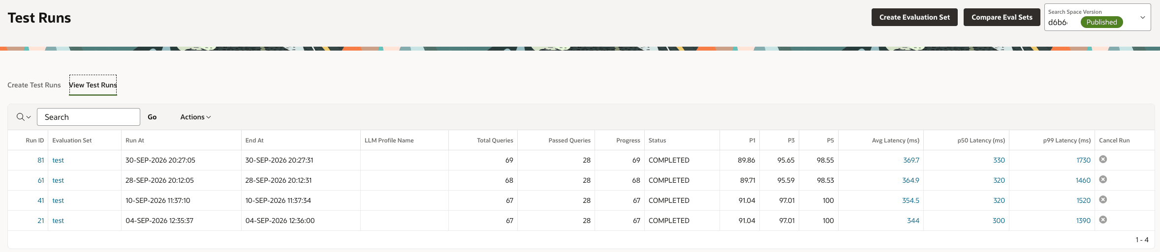 View Test Runs tab with run history and metrics View Test Runs tab showing completed runs, query counts, P1, P3, P5, and latency