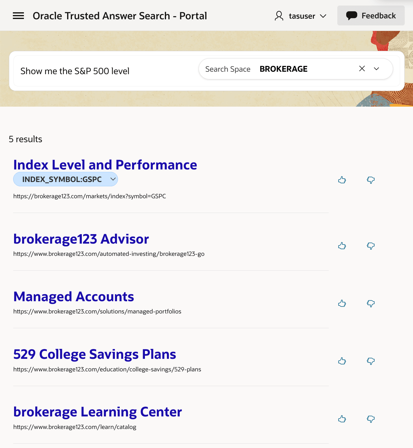 Portal results showing Index Level and Performance mapped to GSPC