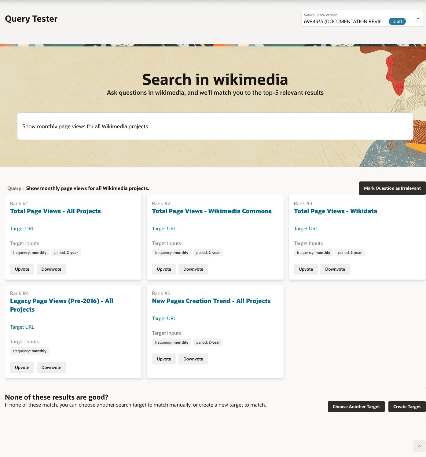 Wikimedia Query Tester showing the monthly query and target inputs frequency monthly and period 2-year