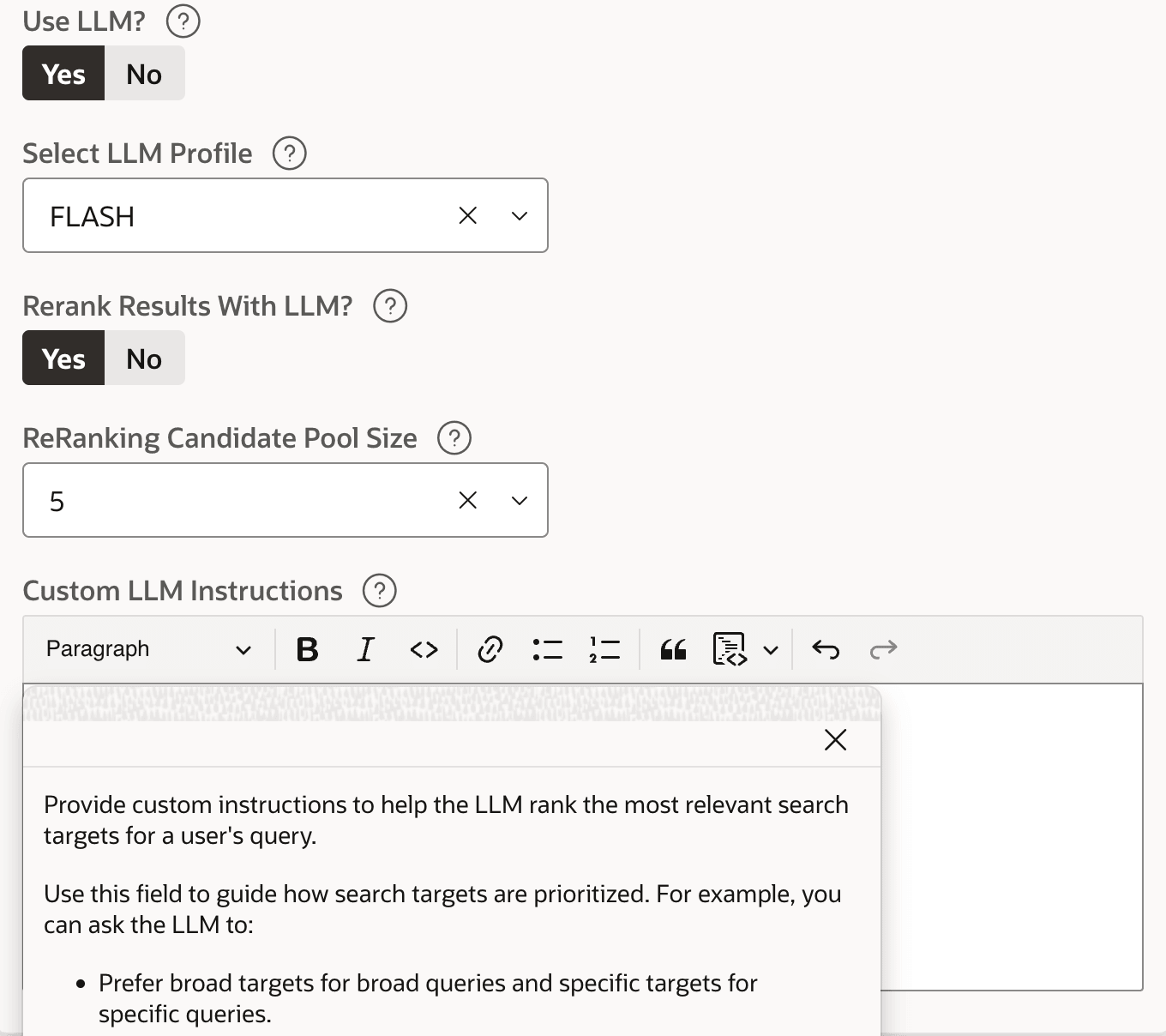 Search space LLM re-ranking configuration fields Search space LLM re-ranking configuration fields