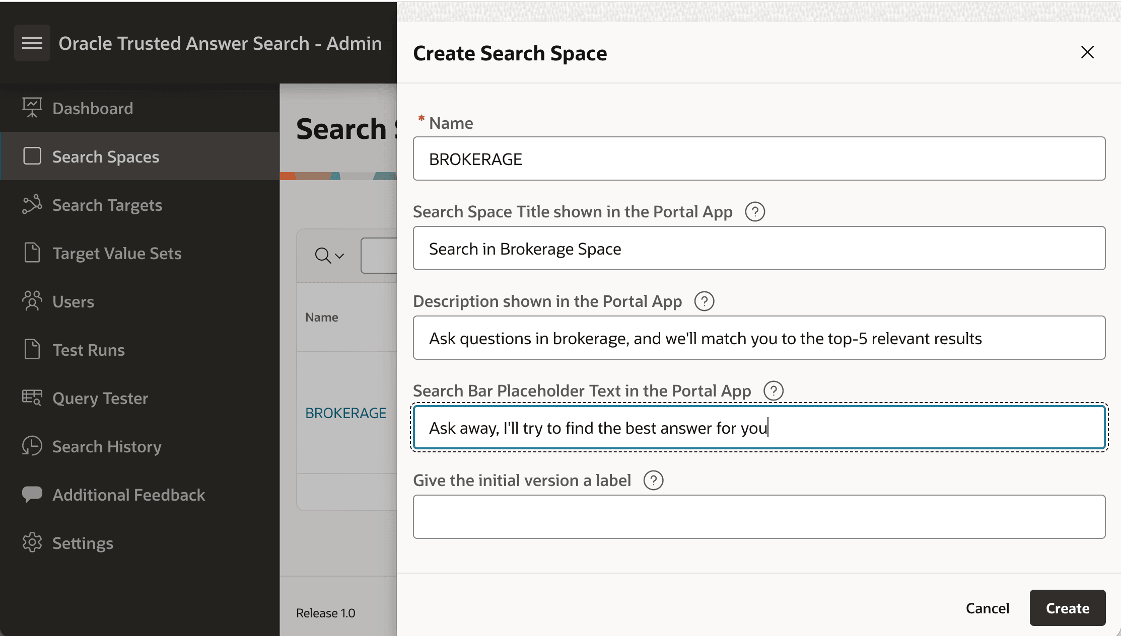 Drawer for creating or updating a search space with portal title, description, and search placeholder fields