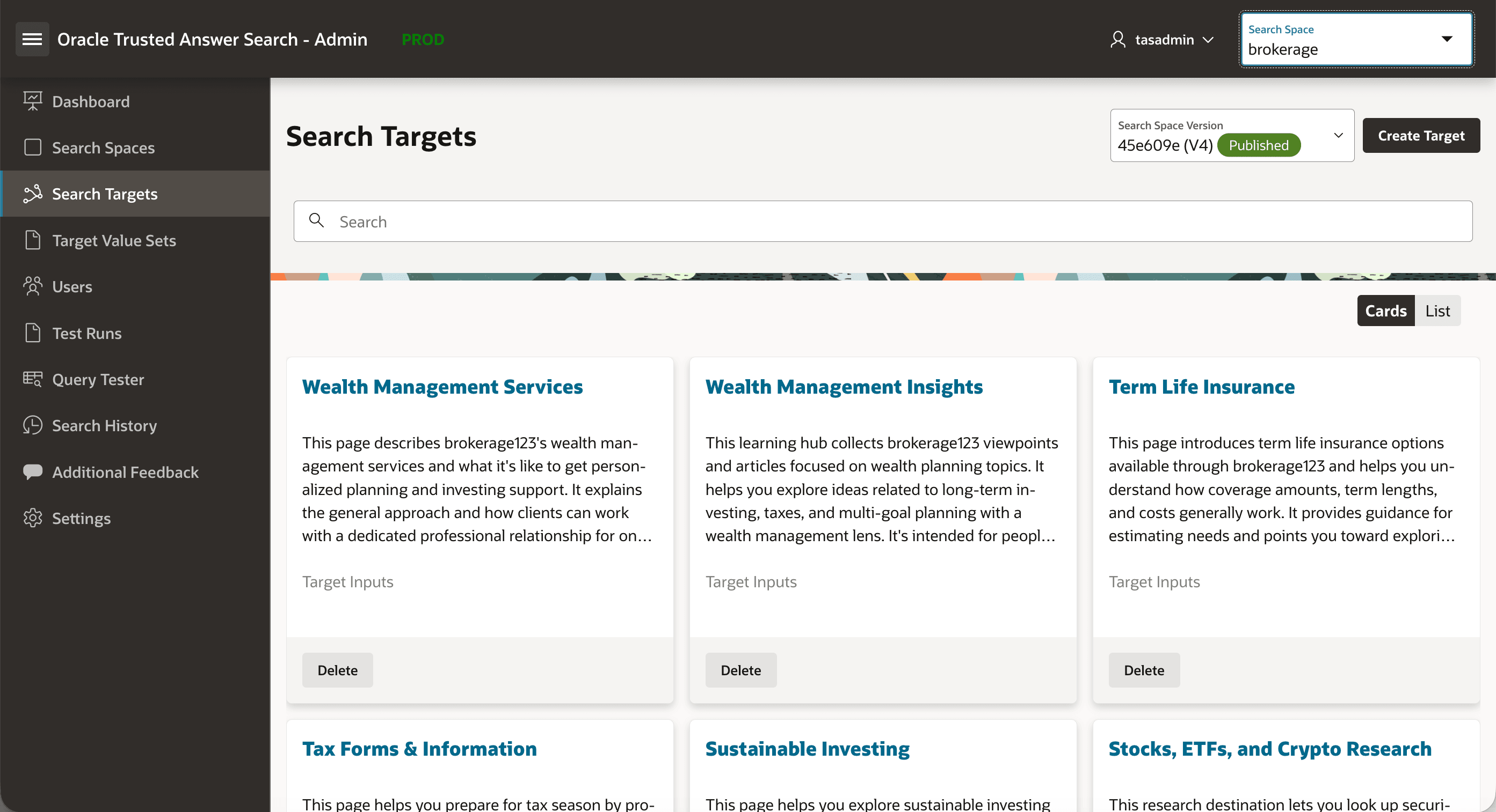 Search Targets list filtered to the brokerage space