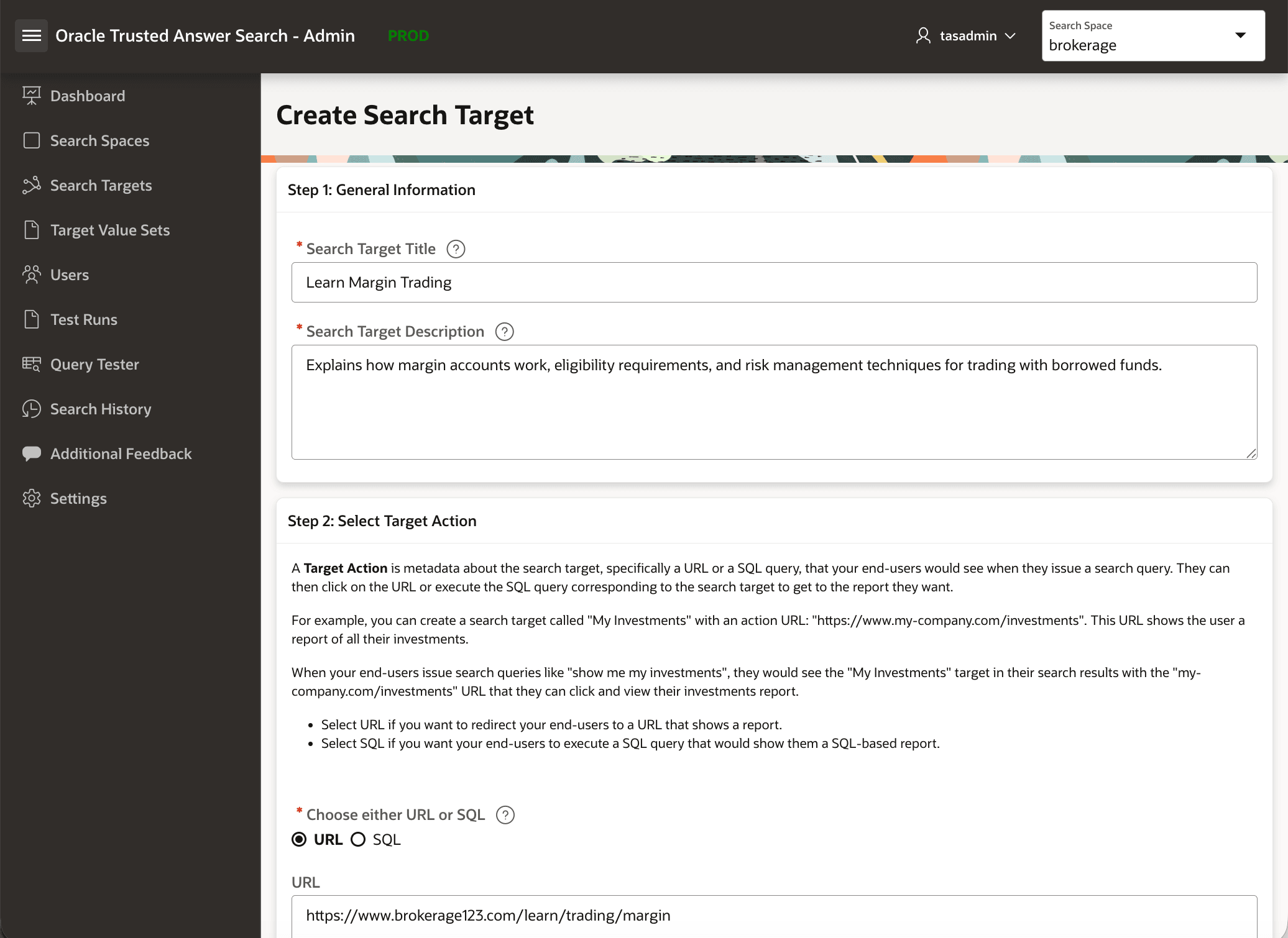 Create Search Target form with title and description fields