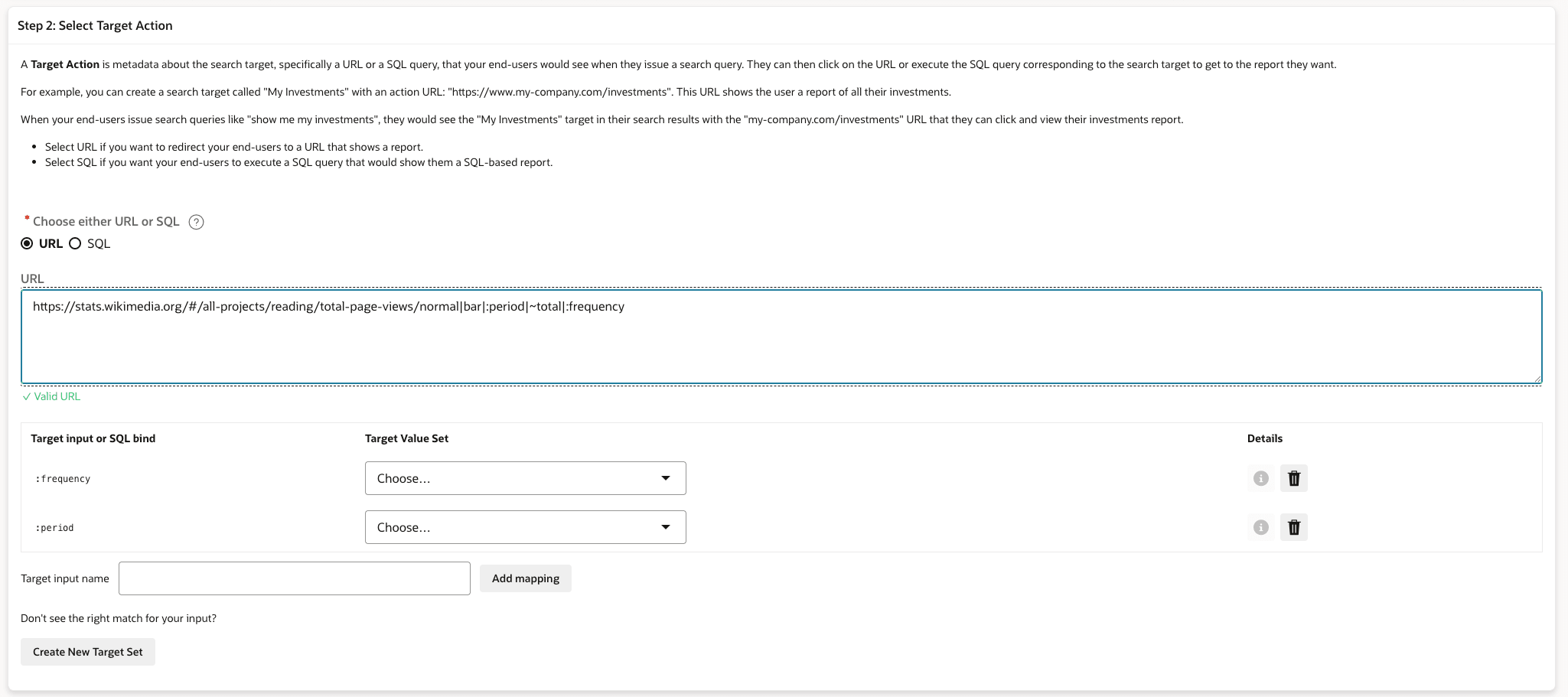 URL action with detected frequency and period inputs before selecting target value sets