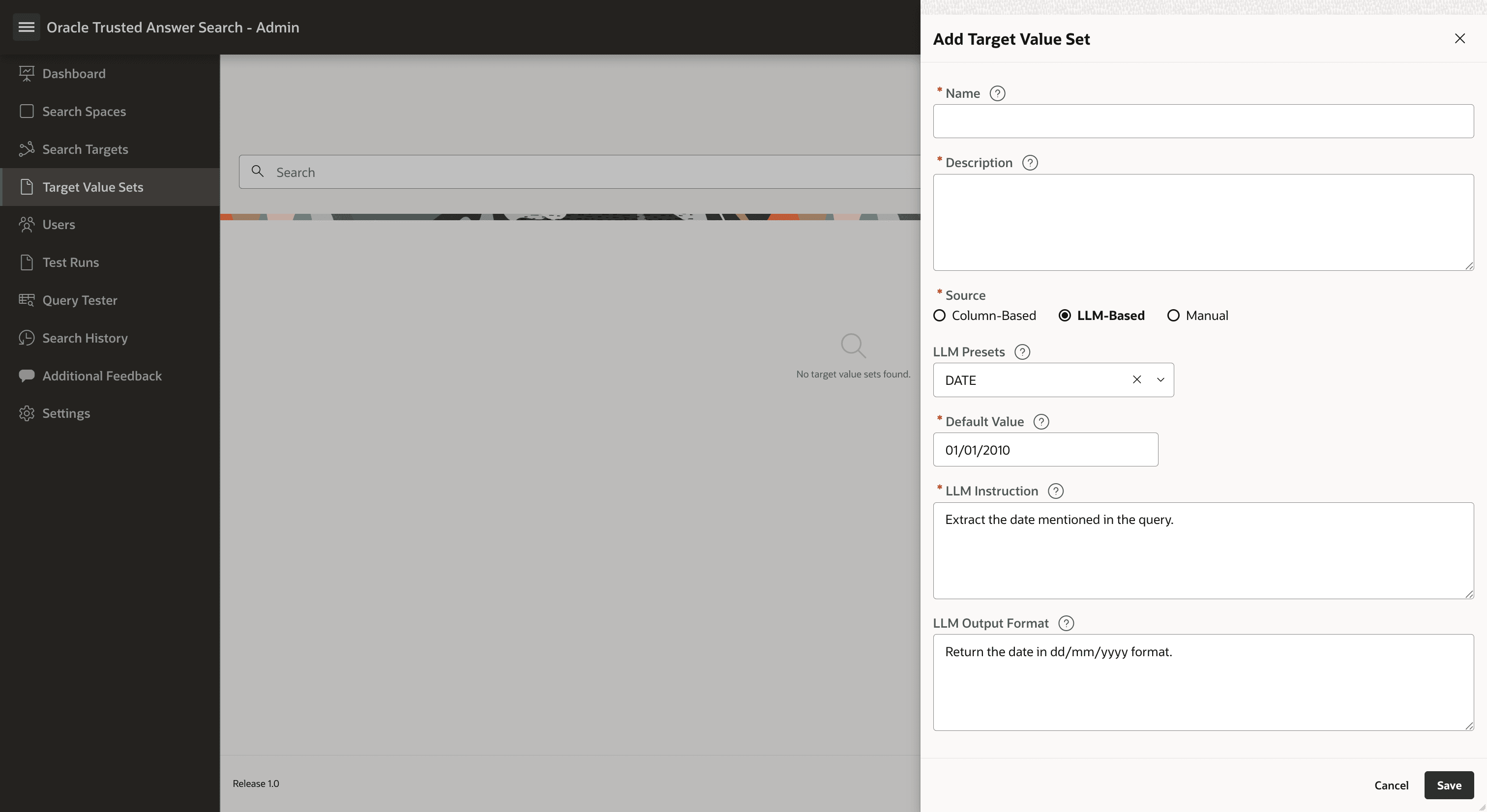 Add Target Value Set dialog configured for an LLM-based source Add Target Value Set dialog configured for an LLM-based source