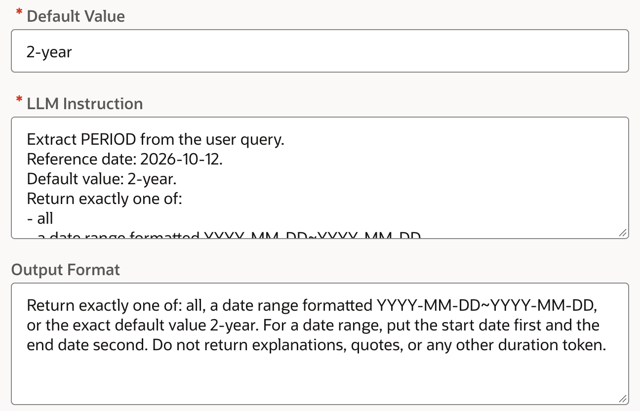 Wikimedia PERIOD LLM extraction configuration Wikimedia PERIOD example with default 2-year, a fixed reference date, and an instruction to return all, an absolute date range, or the exact default