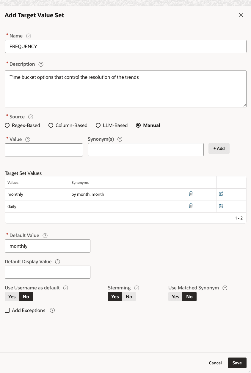 Manual FREQUENCY target value set with daily and monthly values and monthly as the default