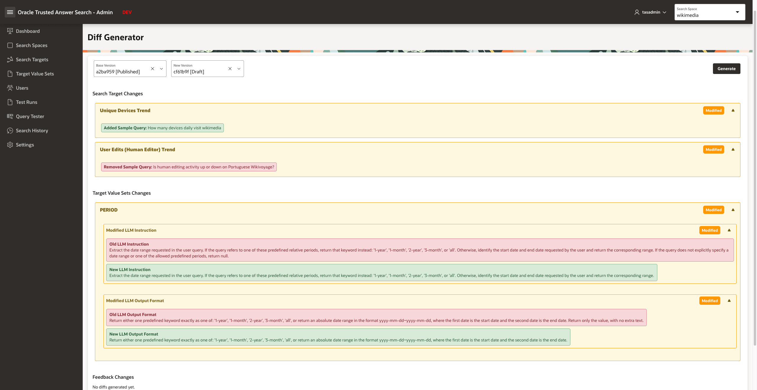 Diff Generator showing WIKIMEDIA search target and target value set changes Diff Generator showing WIKIMEDIA search target and target value set changes