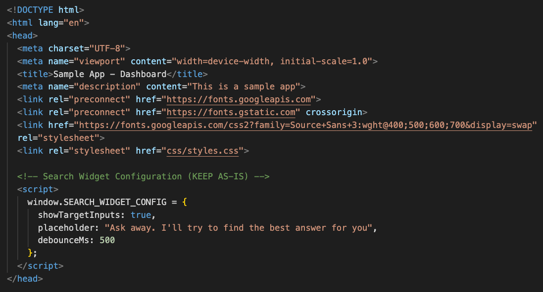 Widget options defined in the head tag