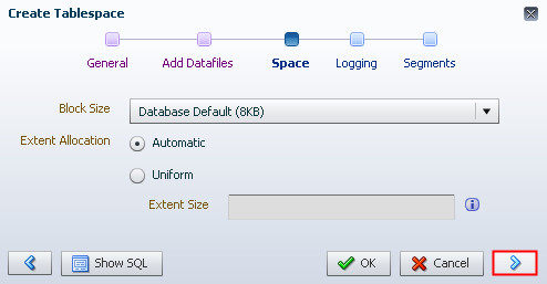 Create Tablespace  window - Step 4