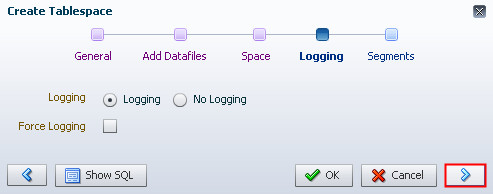 Create Tablespace  window - Step 5