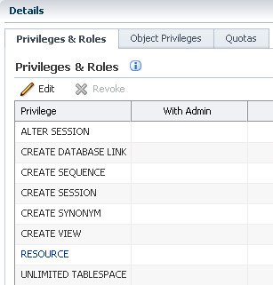 privileges and roles displayed