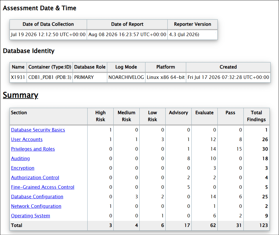Oracle Database Security Assessment Report - Summary section