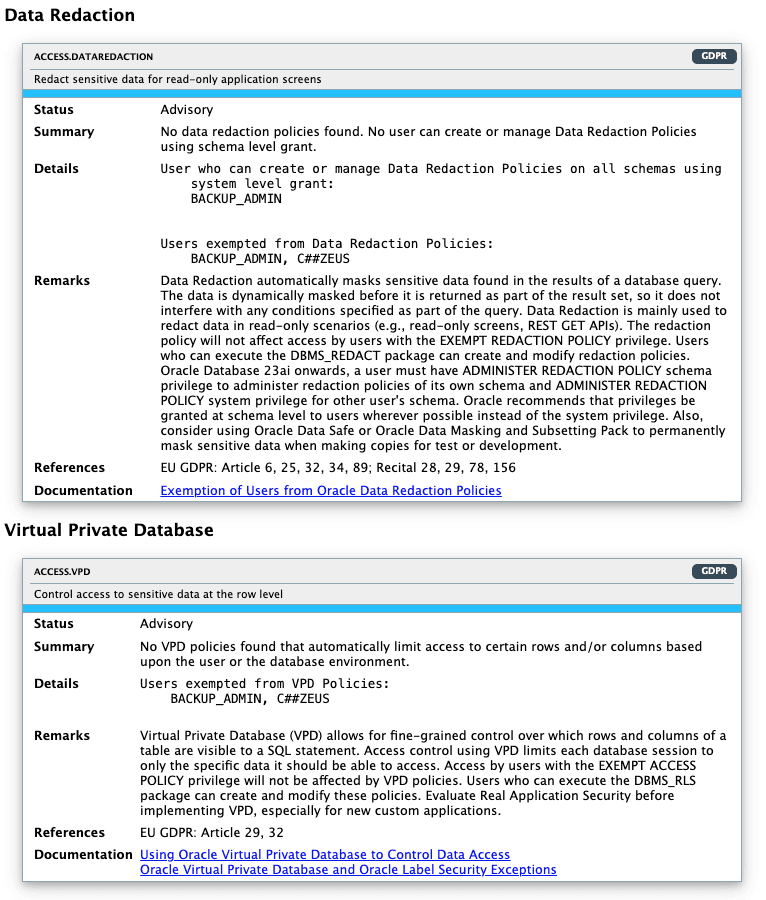 Figure 1 shows the Oracle Database Security Assessment Report - Fine-Grained Access Control