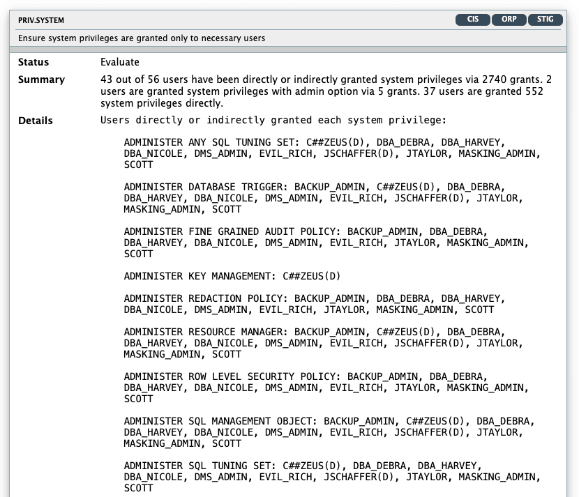 Figure 1 shows the Oracle Database Security Assessment Report - Privileges and Roles.