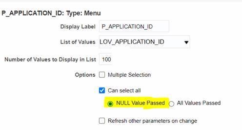 The option "NULL Value Passed" is selected for the P_APPLICATION_ID parameter.