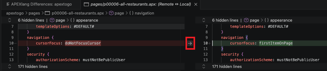 The image shows the APEXlang Differences panel displaying a side-by-side comparison of the local APEXlang project and the target APEX application.