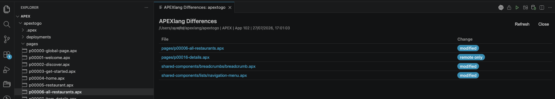 The image shows the APEXlang Differences panel listing the files that differ between the local APEXlang project and the target APEX application. Each file is labeled with its change status, such as modified or remote only.