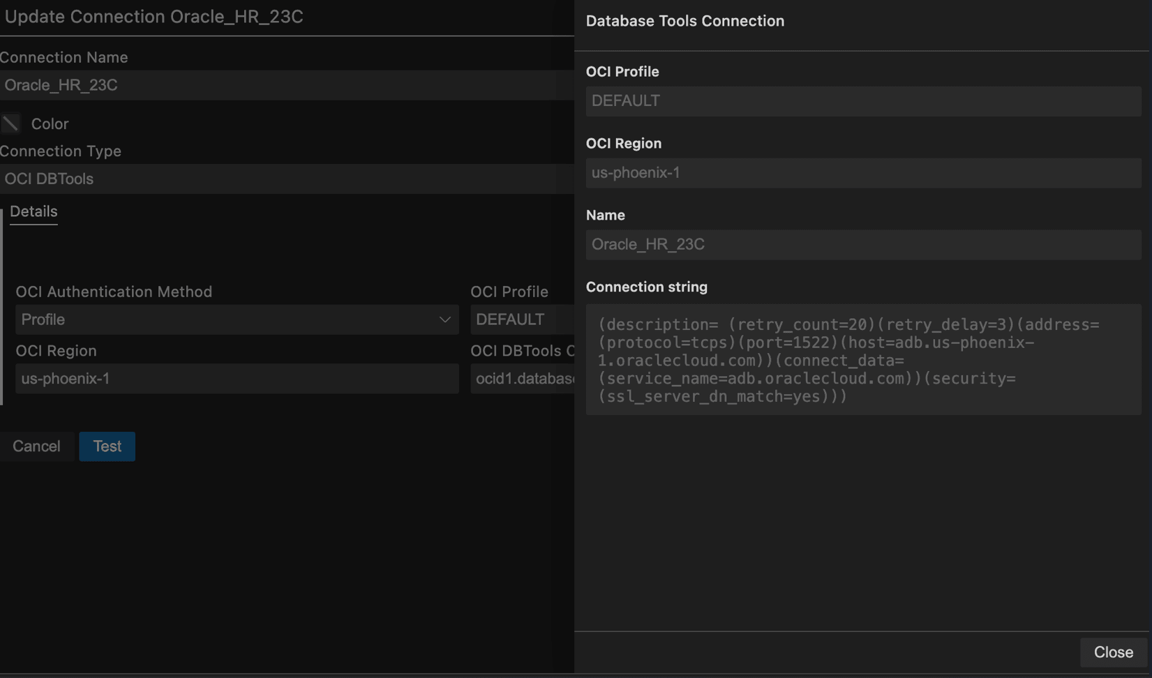 Description of view_oci_connection_drawer.png follows Description of view_oci_connection_drawer.png follows