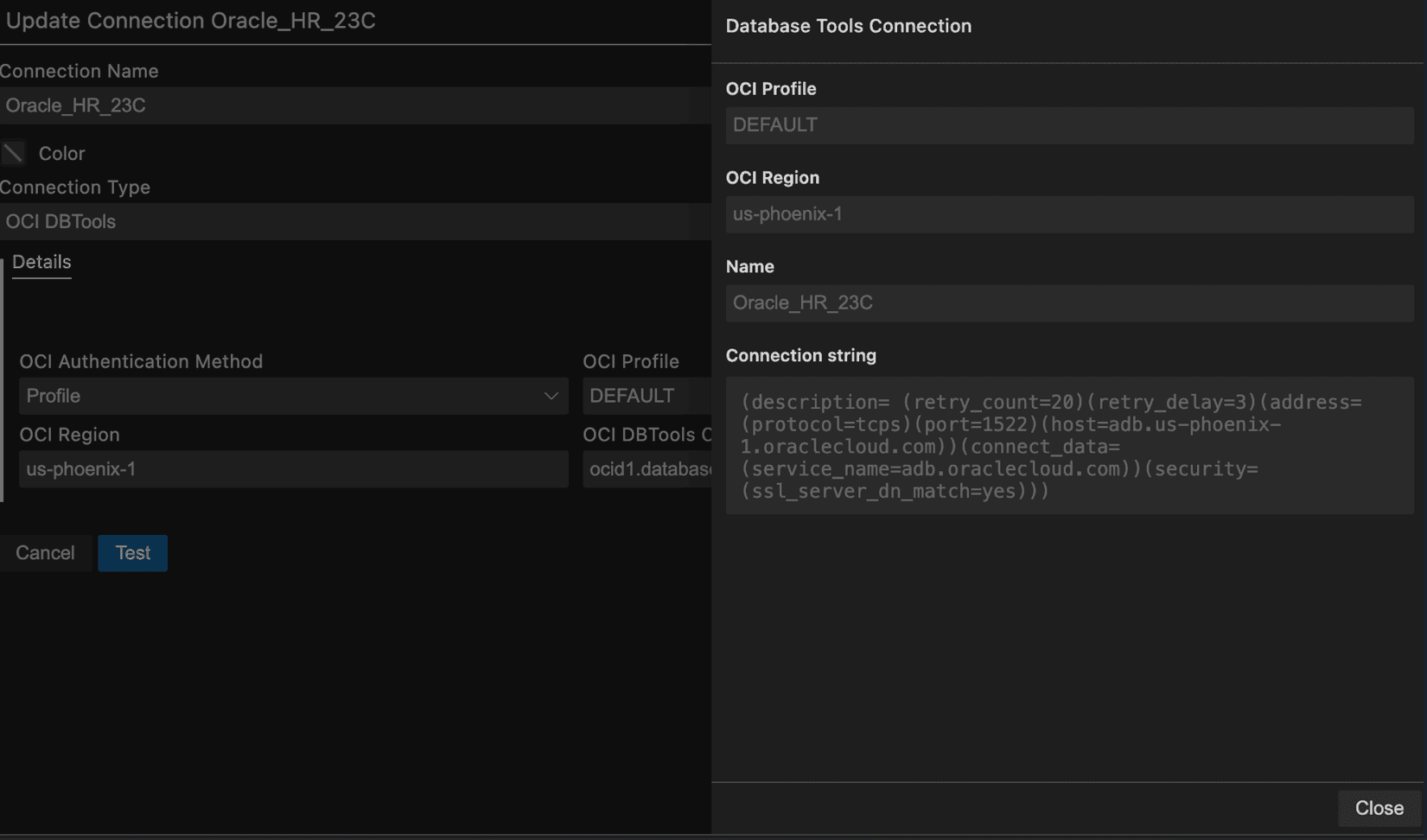 Description of view_oci_connection_drawer.png follows