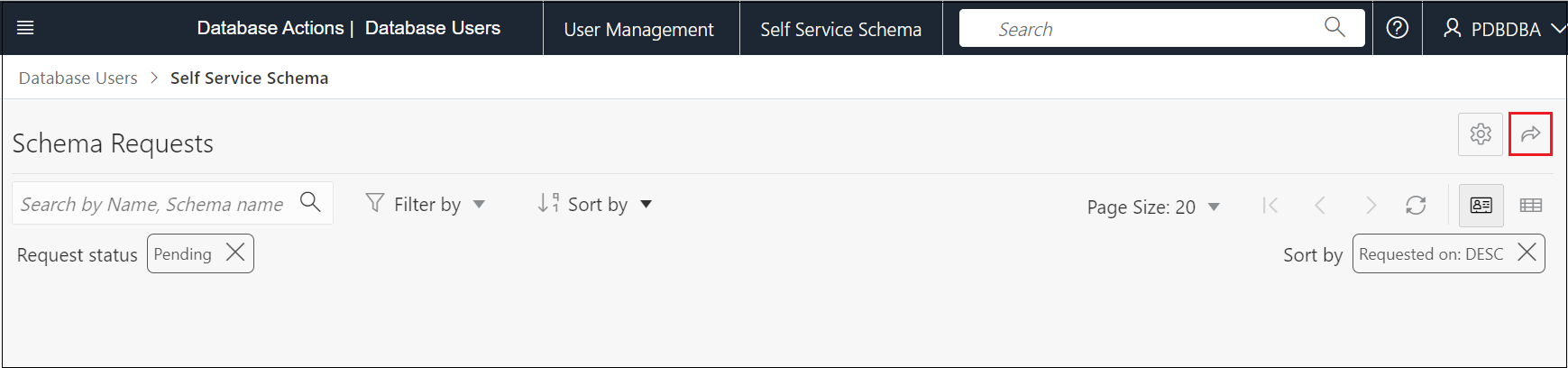 Self Service Schema tab on the Database Users page