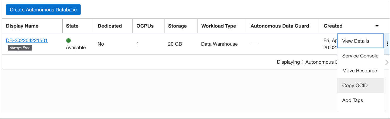 Copy OCID option in console