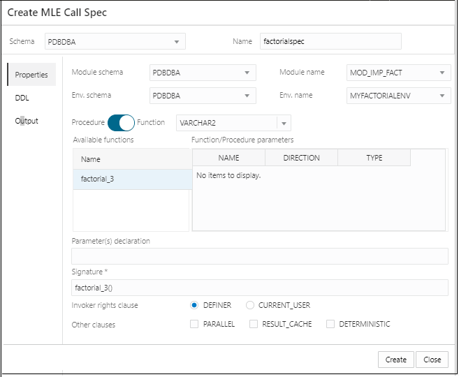 Create MLE Call Specification Panel