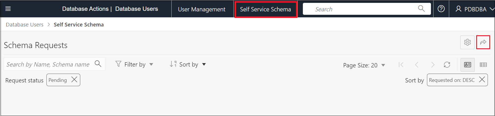 Self Service Schema tab on the Database Users page Self Service Schema tab on the Database Users page