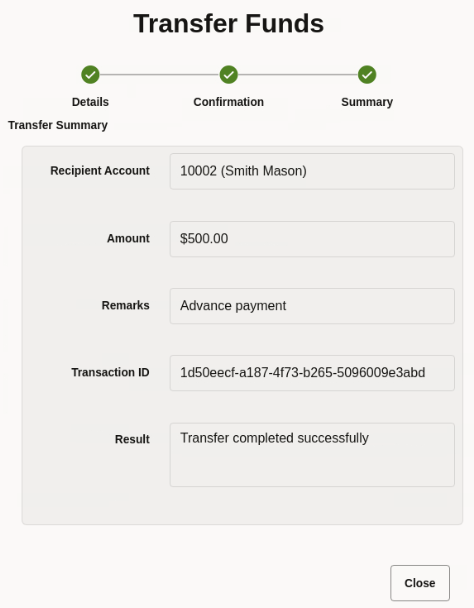 Summary section in the Transfer Funds dialog box