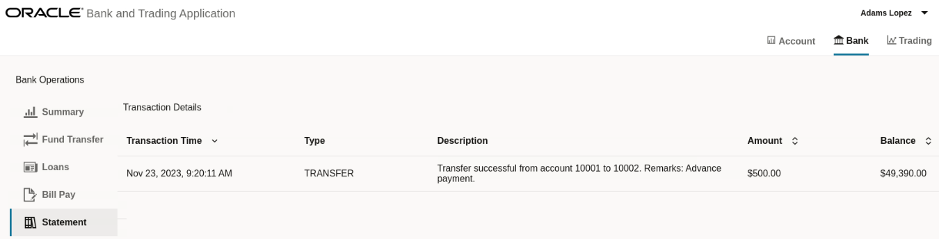 Transaction statement for fund transfer