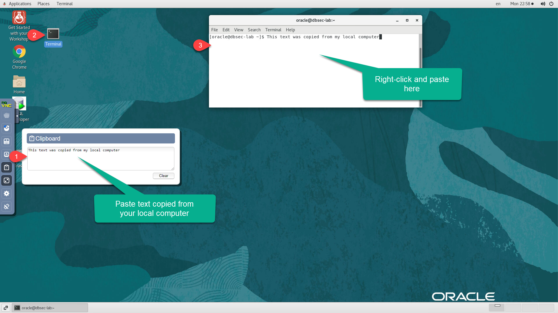 Copy some text from your local computer as illustrated in the image and paste it into the clipboard widget. Open the desired application, such as Terminal, and use mouse controls to paste the text.