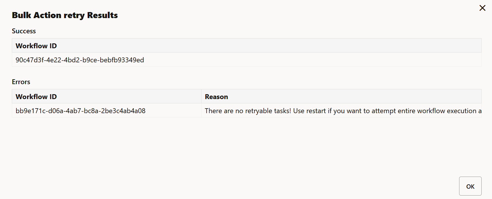 result of performing bulk actions on selected workflows