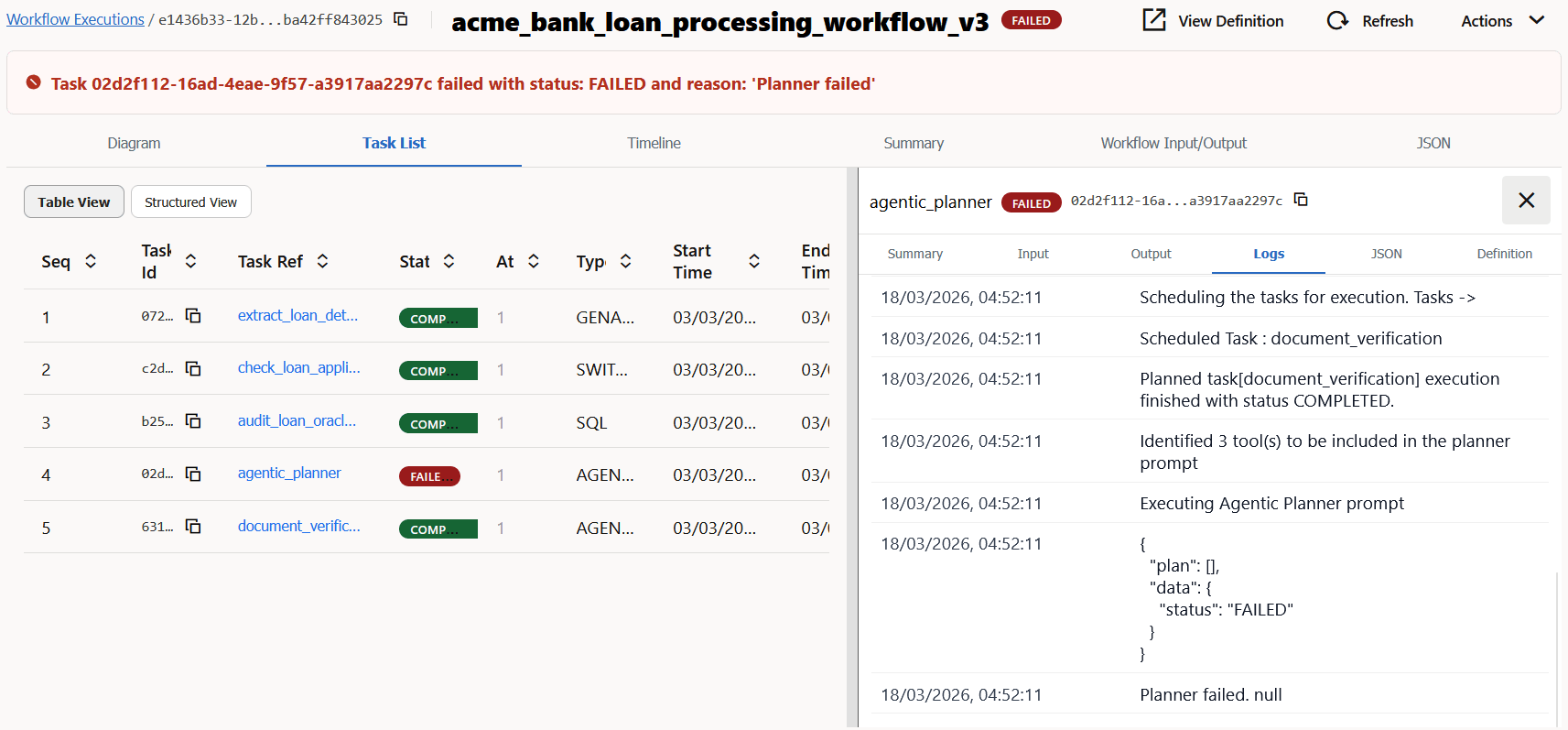 Logs tab provides details that you can use for troubleshooting