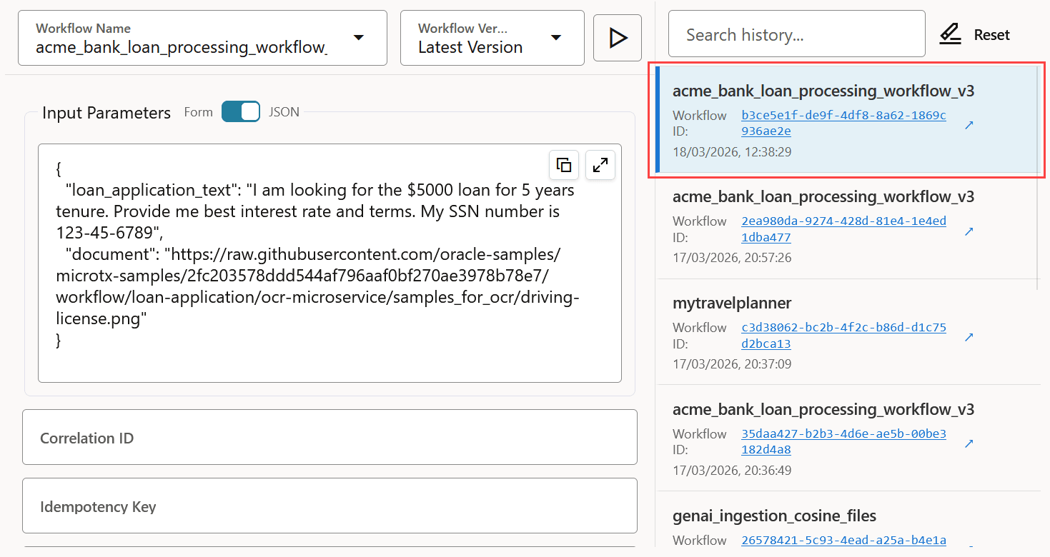 Status of updated workflow execution and new ID